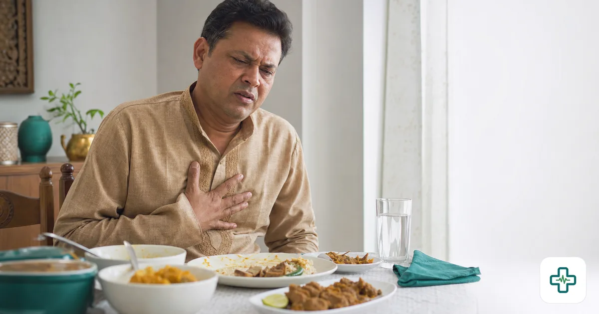 A photorealistic image of a middle-aged man pressing his hand to his chest with a pained expression after a heavy meal at a dinner table