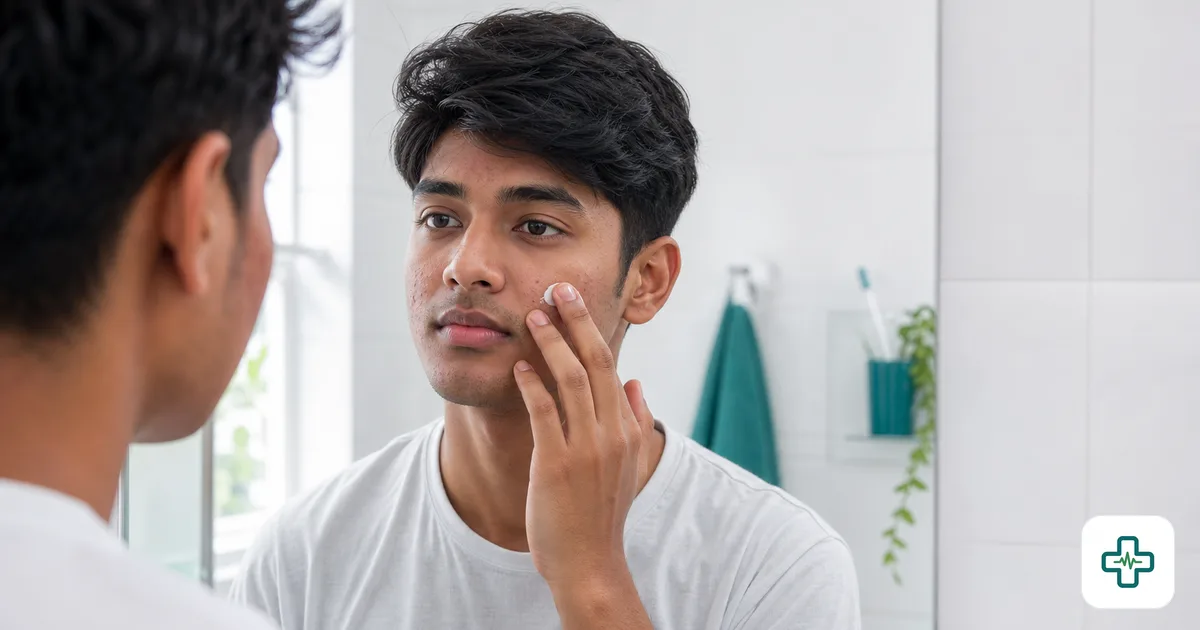 Close-up of a young South Asian person's face with acne gently applying skincare cream in front of a bathroom mirror in soft daylight