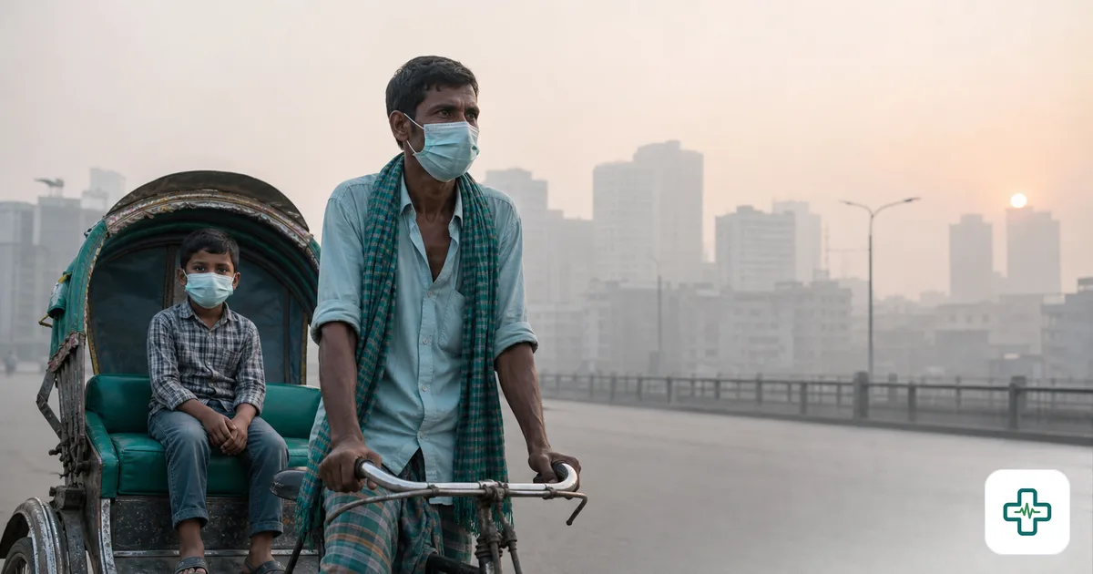 A hazy grey Dhaka skyline at dawn with a rickshaw puller and a child both wearing well-fitting masks against heavy smog