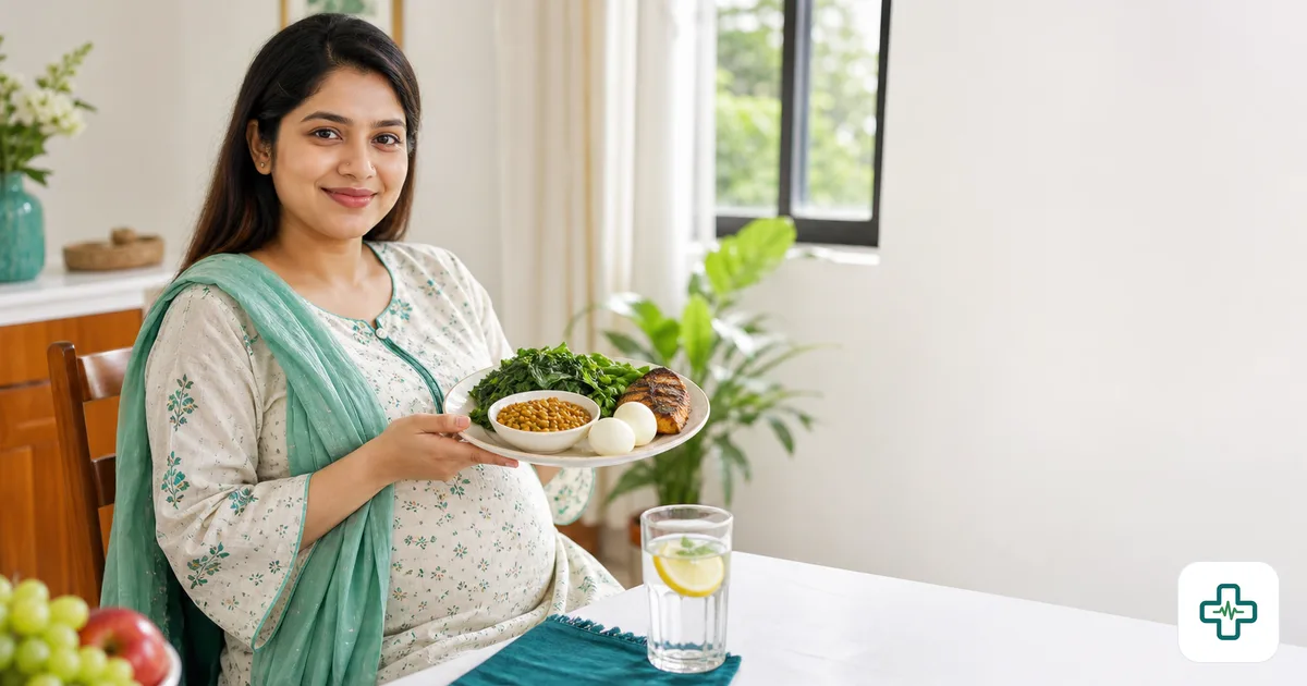 A pregnant woman holding a plate of iron-rich foods like green leafy vegetables, lentils, eggs and fish, with a glass of lemon water in warm daylight