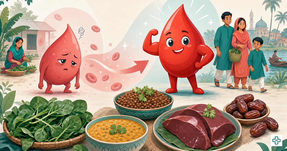 Illustration of iron-rich foods like leafy greens, lentils, dates and red meat on a plate