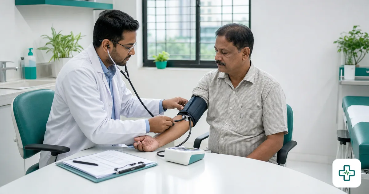 A photorealistic image of a doctor measuring the blood pressure of a middle-aged man in a clinic, with a clipboard of test results on the desk