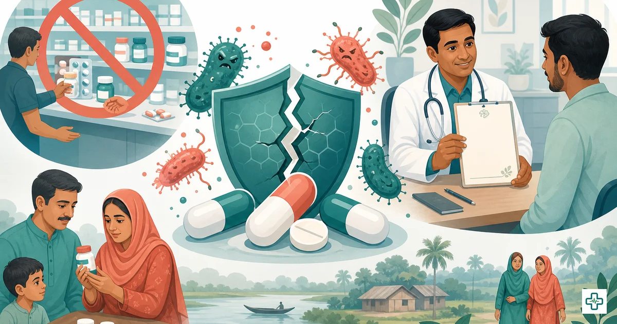 Illustration of antibiotic resistance with superbug bacteria and crossed-out self-medication