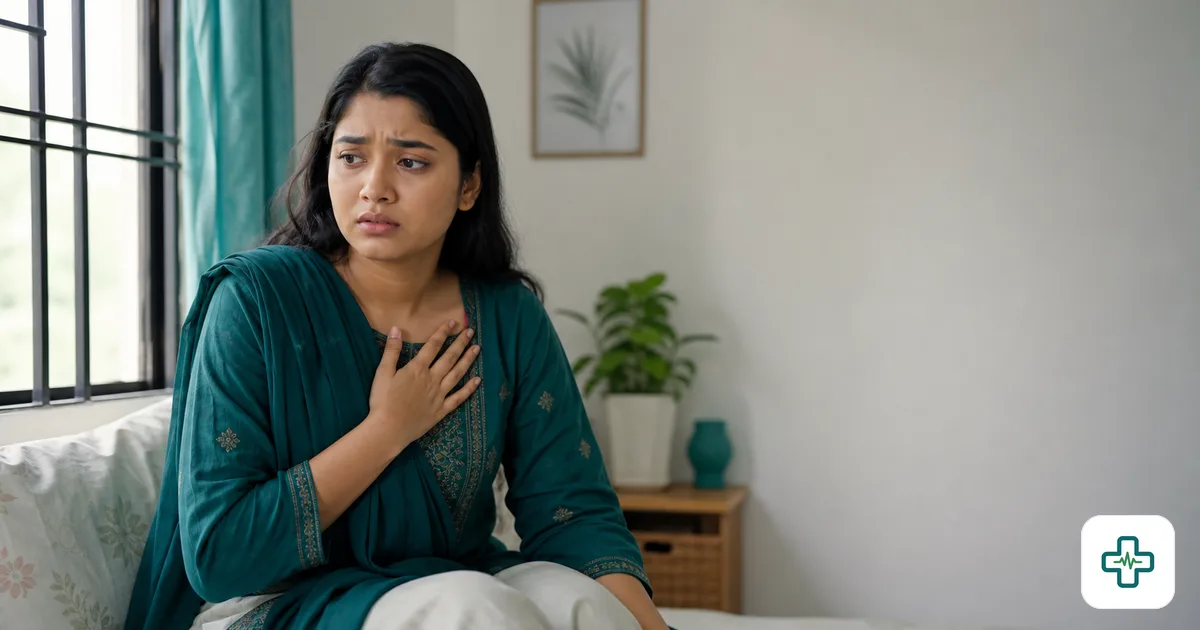 A young Bangladeshi woman sitting by a window with a worried, tense expression, hand on her chest, conveying constant anxiety and unease