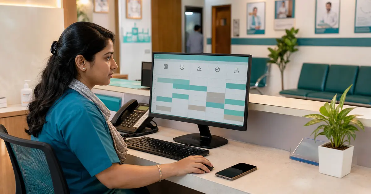 Bangladeshi clinic receptionist managing a doctor appointment reminder schedule at the chamber desk