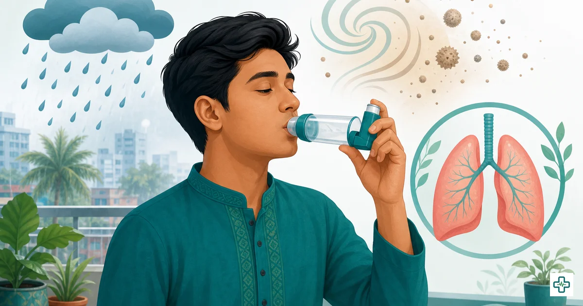 Illustration of a person using an asthma inhaler with a spacer device