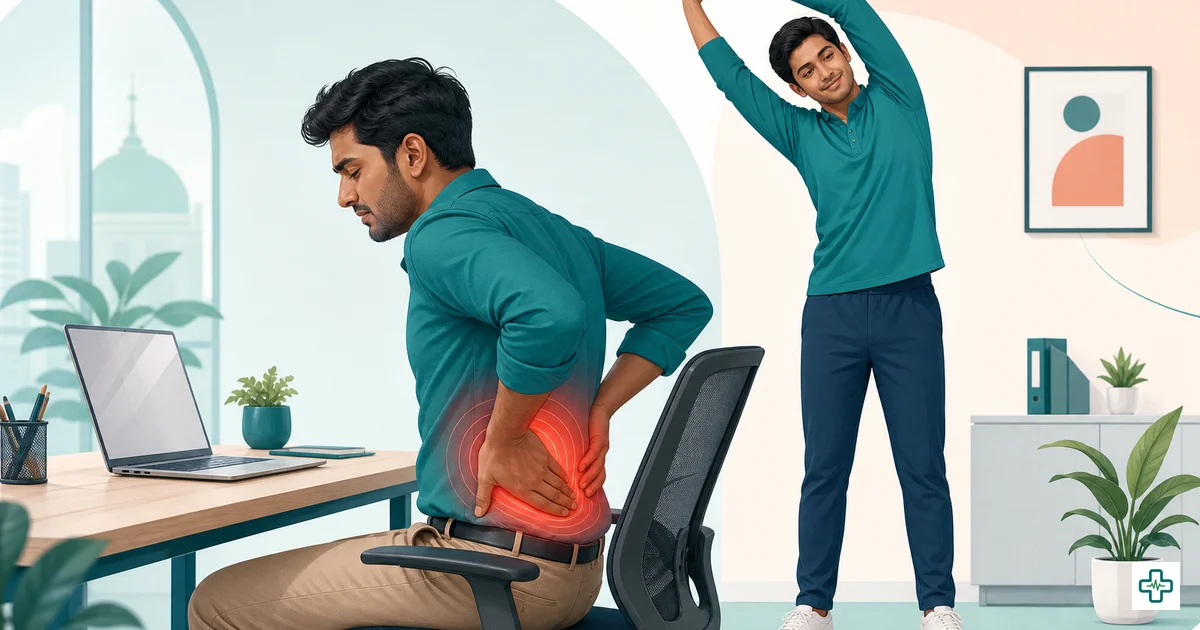 Illustration of an office worker at a desk demonstrating correct sitting posture and back exercises