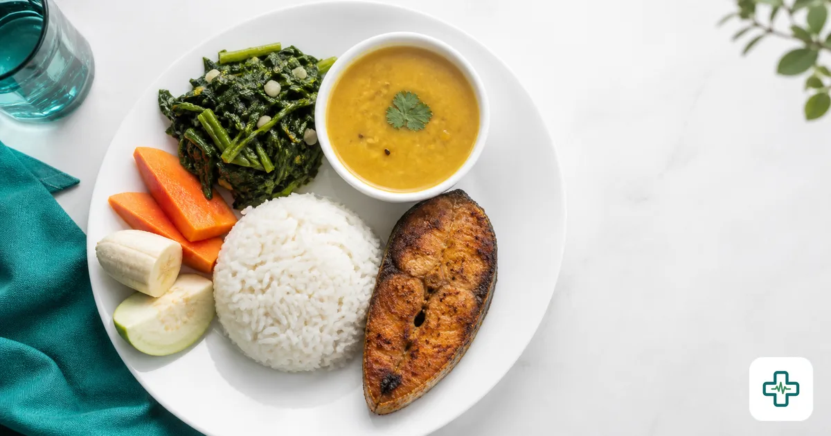 A photorealistic top-down image of a balanced Bangladeshi meal with a small portion of rice, dal, grilled fish, green vegetables and fresh fruit on a plate