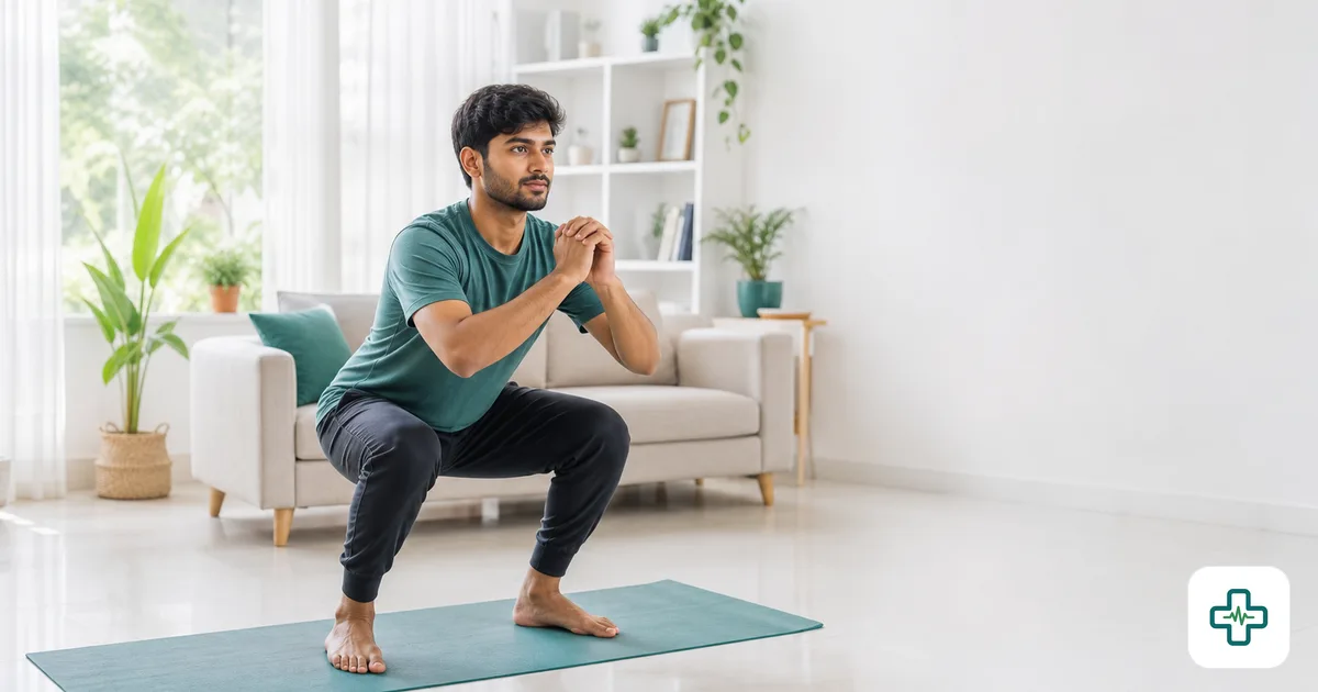 A beginner doing bodyweight squats on a yoga mat in a bright living room at home with no gym equipment around