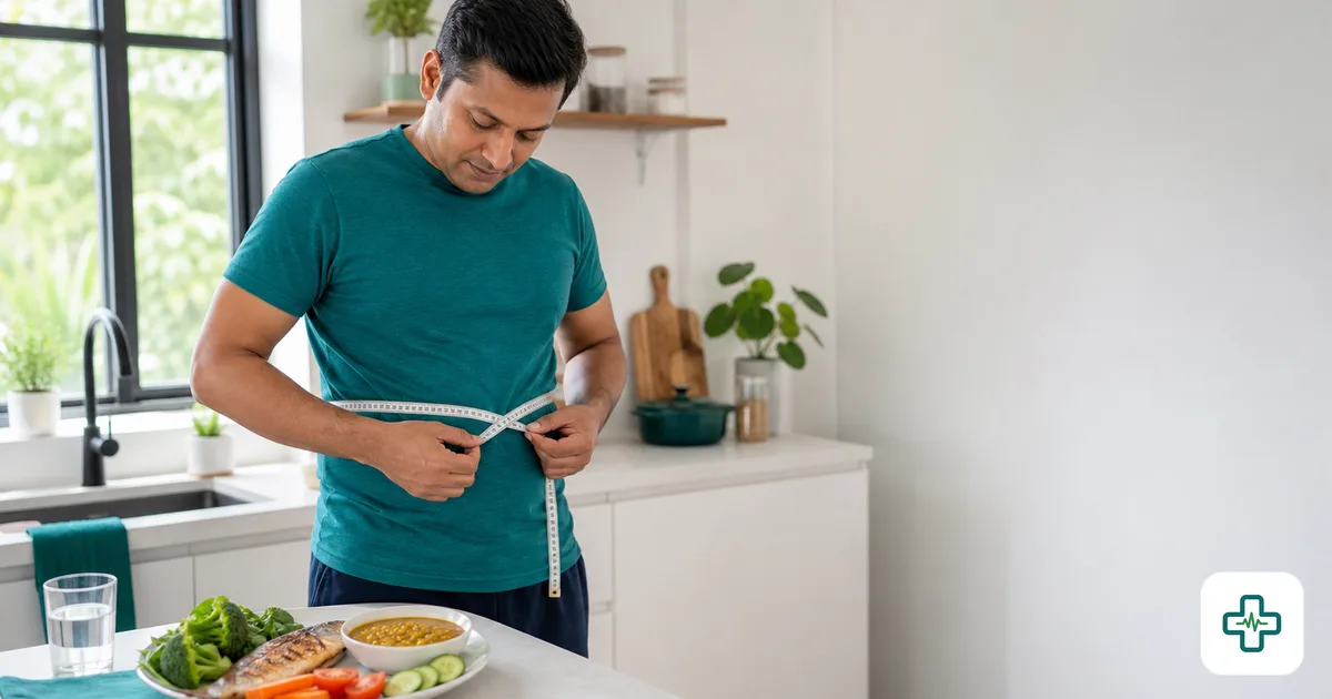 A South Asian man measuring his waist with a tape measure beside a plate of vegetables, fish and lentils on a kitchen table in natural light