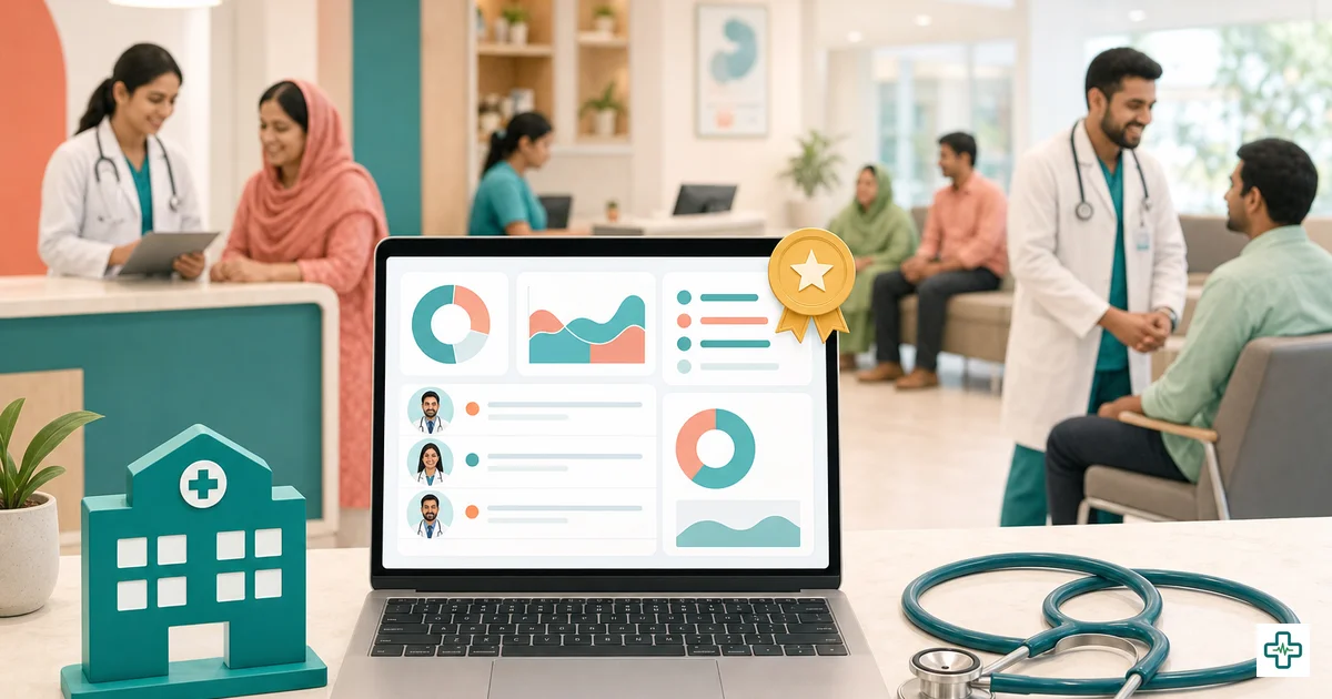 Bangladeshi clinic manager comparing clinic management software options on a laptop at a busy reception desk with a token board