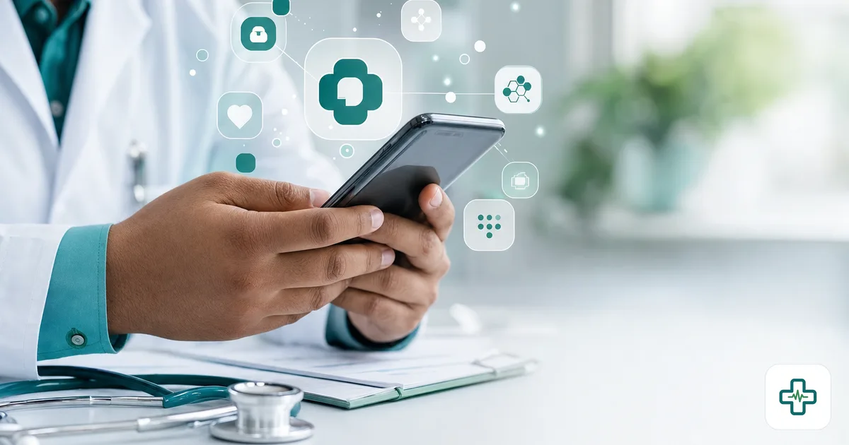 Bangladeshi doctor holding a smartphone surrounded by medical app icons for clinic management software