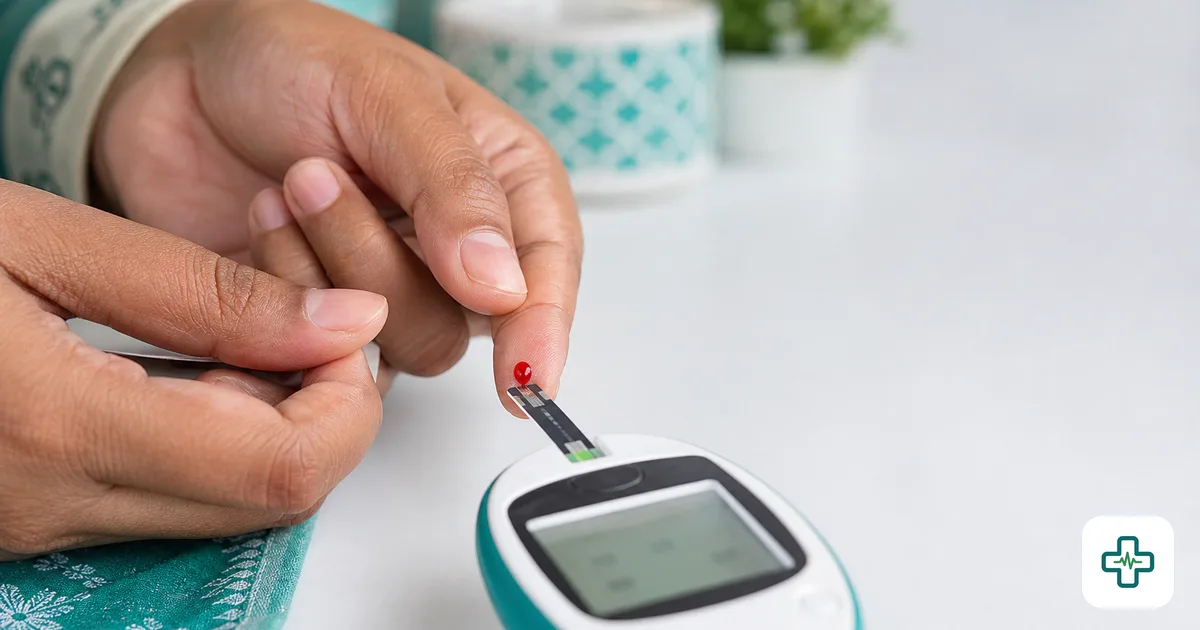 Close-up of a fingertip with a small drop of blood being applied to a test strip in a digital glucometer that displays a glucose reading