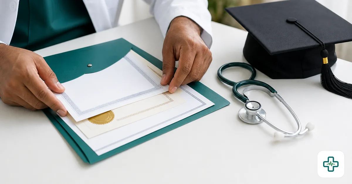 Bangladeshi medical graduate organising certificates and documents for BMDC registration in a folder