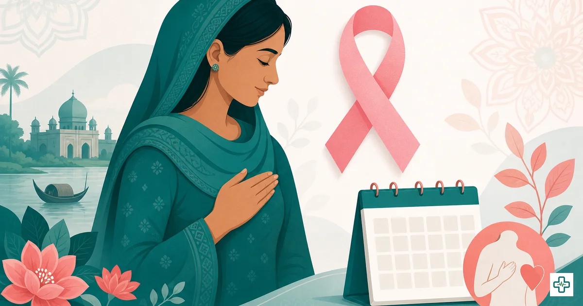 Illustration of breast cancer awareness ribbon and woman doing self-examination