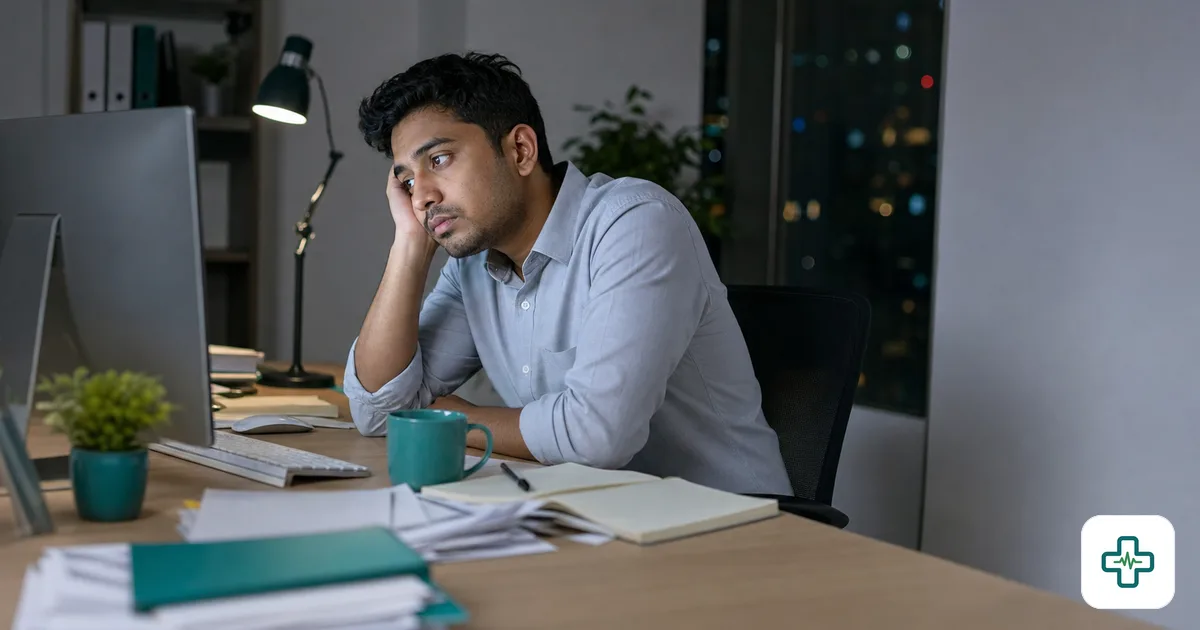 A photorealistic image of a tired young office worker resting their head on their hand at a cluttered desk late at night, lit by a computer screen