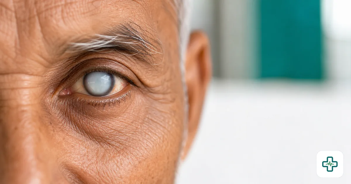 Close-up photorealistic portrait of an elderly Bangladeshi man's eye showing a cloudy white cataract over the lens, soft natural light