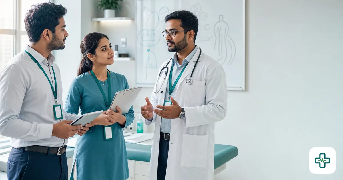 Bangladeshi doctor briefing chamber staff before opening to improve the patient experience