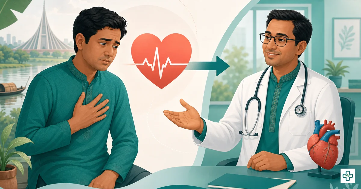 Person holding chest in pain with a guide to causes of chest pain and which doctor (cardiologist, medicine specialist) to see in Bangladesh