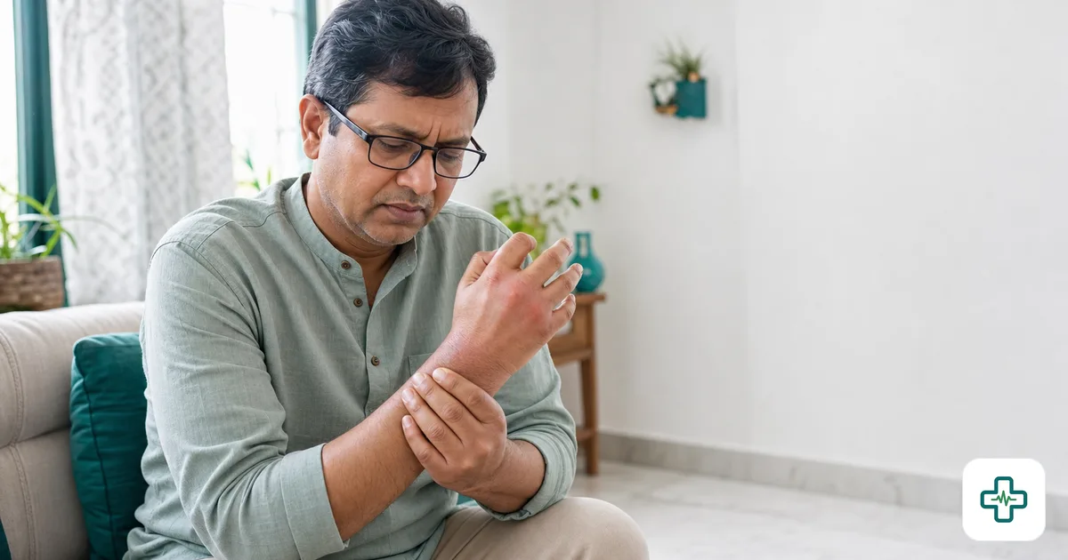 A photorealistic image of a middle-aged person gently holding a swollen, aching wrist and hand joint, seated in a softly lit Bangladeshi home setting