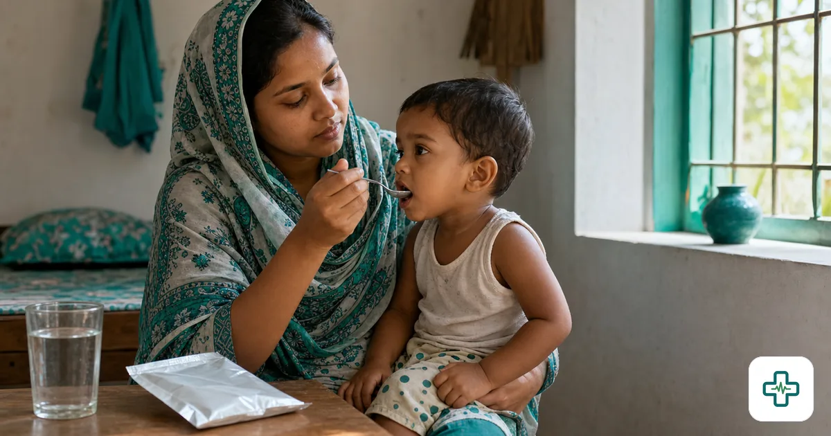 A mother in Bangladesh carefully spoon-feeding oral rehydration saline to her toddler at home, with an ORS packet and a glass of water on the table