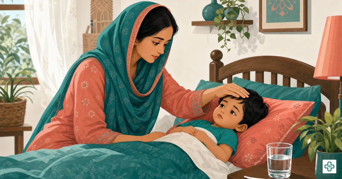 Illustration of a Bangladeshi mother checking her feverish child's temperature with a thermometer