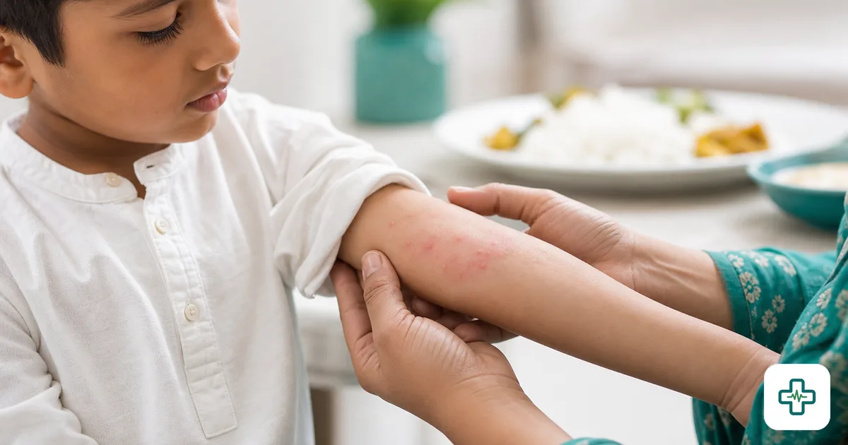 A close-up of a young child's arm showing a mild red hive rash while a parent gently examines it, with a plate of food blurred in the background