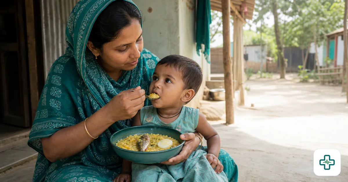Photorealistic image of a mother in rural Bangladesh feeding her toddler a thick bowl of khichuri with egg and small fish in a sunlit courtyard