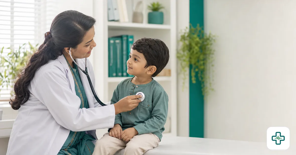 A concerned Bangladeshi parent watching a young child's chest as the child breathes, with visible labored breathing, in a softly lit home setting