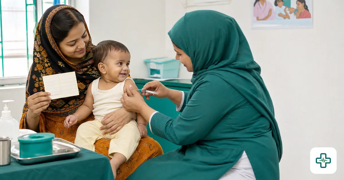 Photorealistic image of a health worker giving a smiling baby a vaccine injection at a community clinic in Bangladesh while the mother holds an EPI card