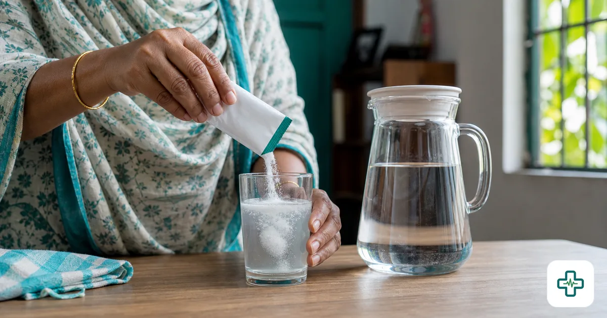 A photorealistic image of hands mixing an oral rehydration salt (ORS) packet into a glass of clean water beside a jug, on a simple table in a Bangladeshi home