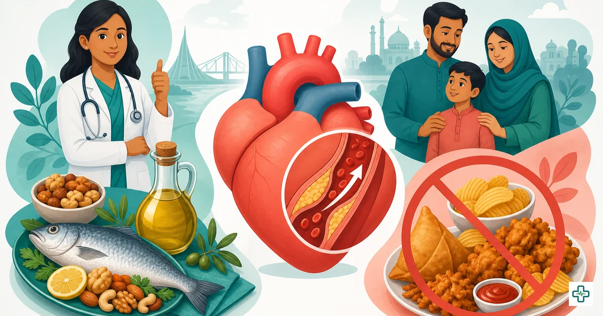 Illustration of a healthy heart with a lipid profile report and vegetables