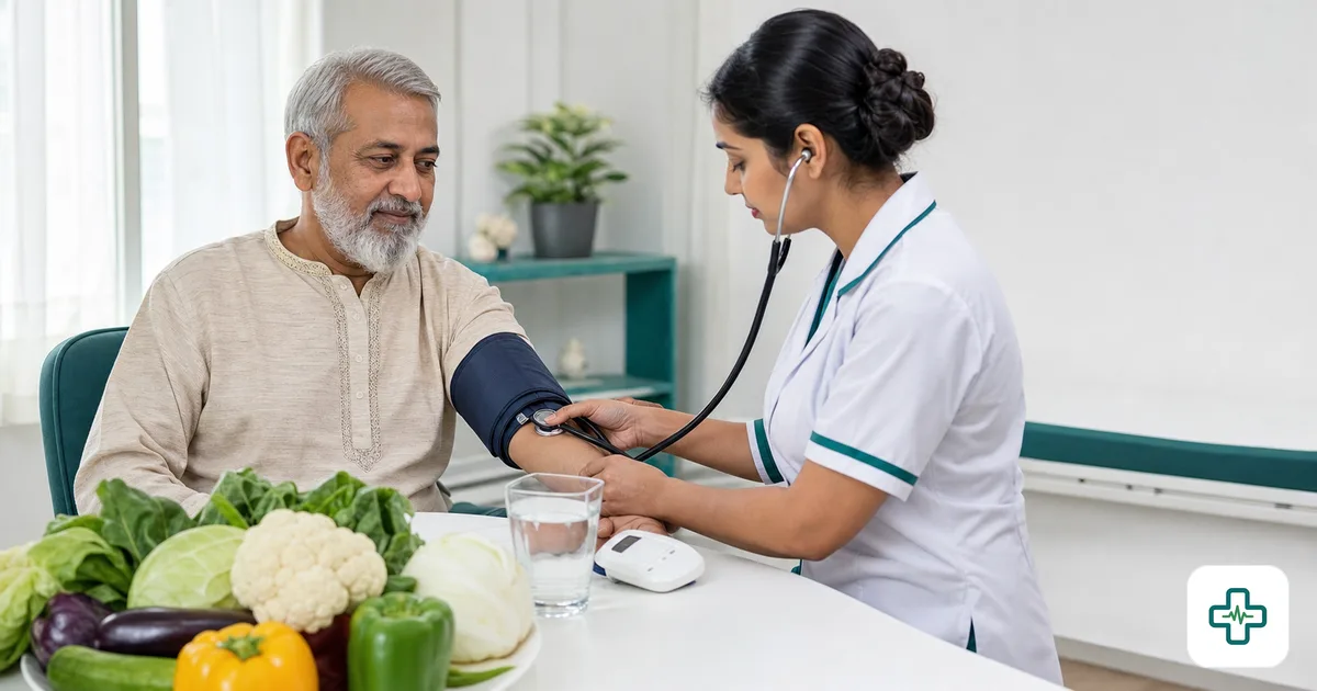 Photorealistic image of an older Bangladeshi man having his blood pressure checked by a nurse in a clinic, with a glass of water and kidney-friendly vegetables on the table