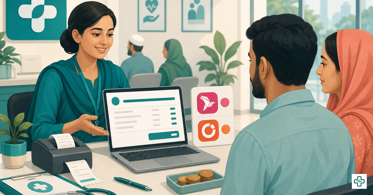 A clinic accountant in Bangladesh generating a consolidated patient invoice with line items on a laptop instead of writing a paper receipt at a cash counter