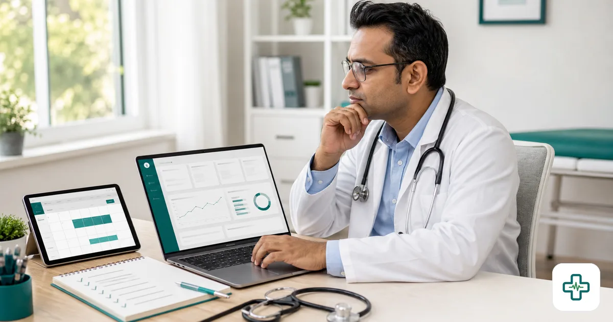 Bangladeshi doctor evaluating clinic management software on a laptop at a chamber desk with patient files