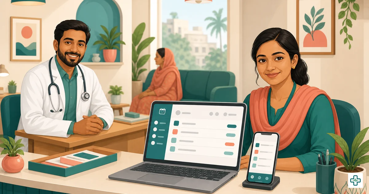 A small 2 to 5 doctor clinic in Bangladesh using affordable clinic management software at the reception desk