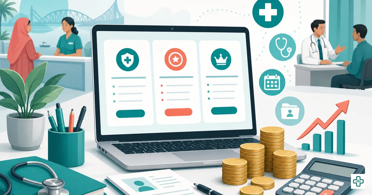 A Bangladeshi clinic owner comparing clinic management software prices and monthly subscription plans on a laptop