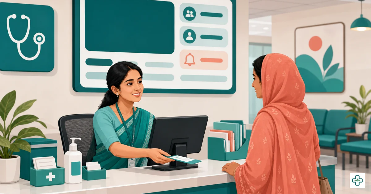 A clinic receptionist in Bangladesh registering a patient and managing a live token queue board across multiple doctors on a computer at the front desk