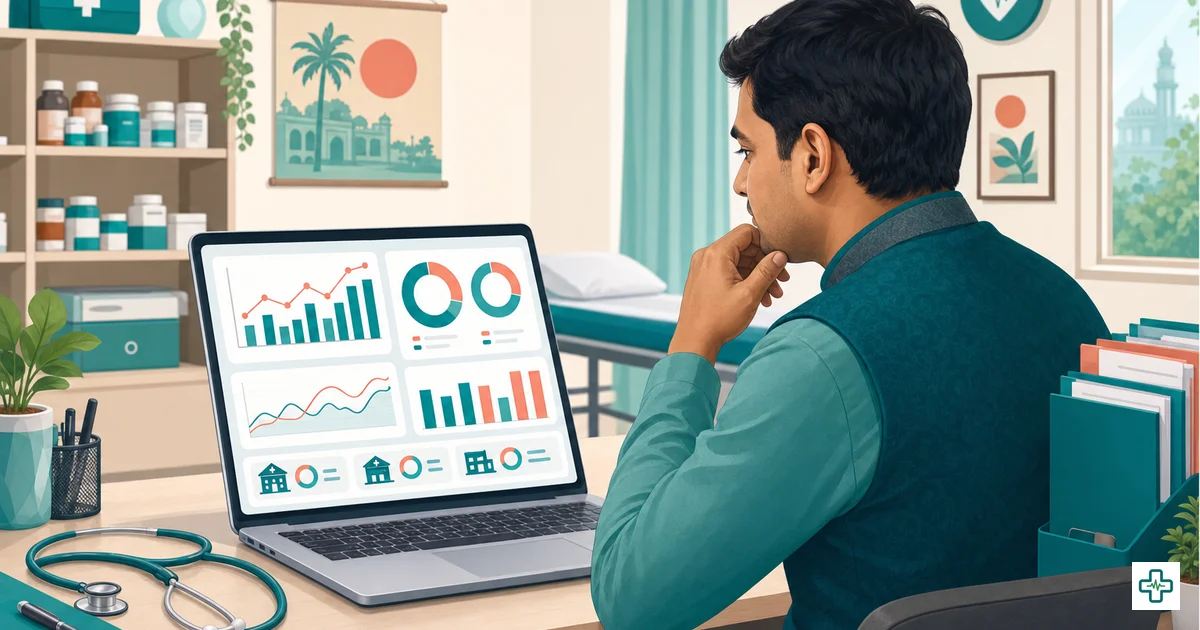 A clinic owner in Bangladesh reviewing a dashboard of footfall, revenue and per-doctor reports on a laptop instead of paper registers