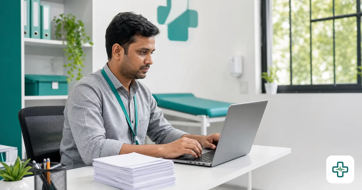 A clinic manager in Bangladesh preparing monthly payslips for receptionists, nurses and technicians on a laptop