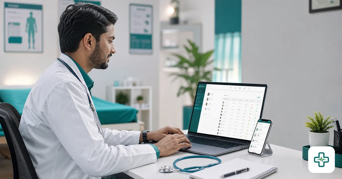 Bangladeshi doctor at a chamber desk comparing two clinic software screens on a laptop and tablet, weighing options against a local medicine prescription pad