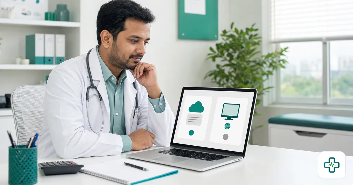 A Bangladeshi doctor comparing the 3-year cost of one-time versus cloud clinic software on a laptop