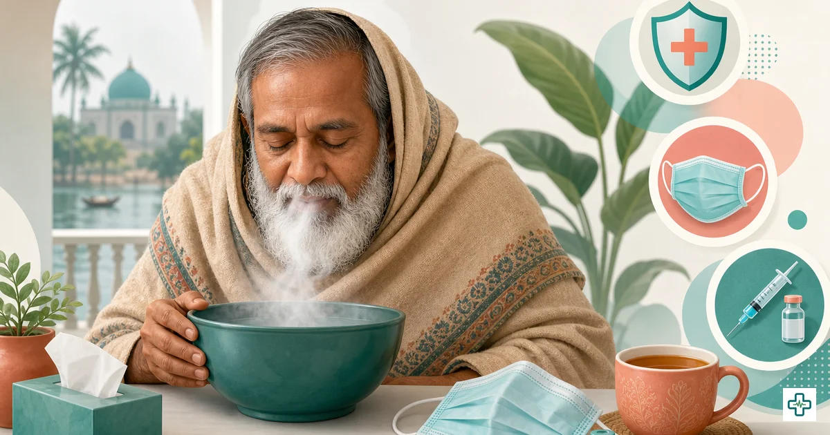 Illustration of a child and elderly man receiving winter cold and flu care