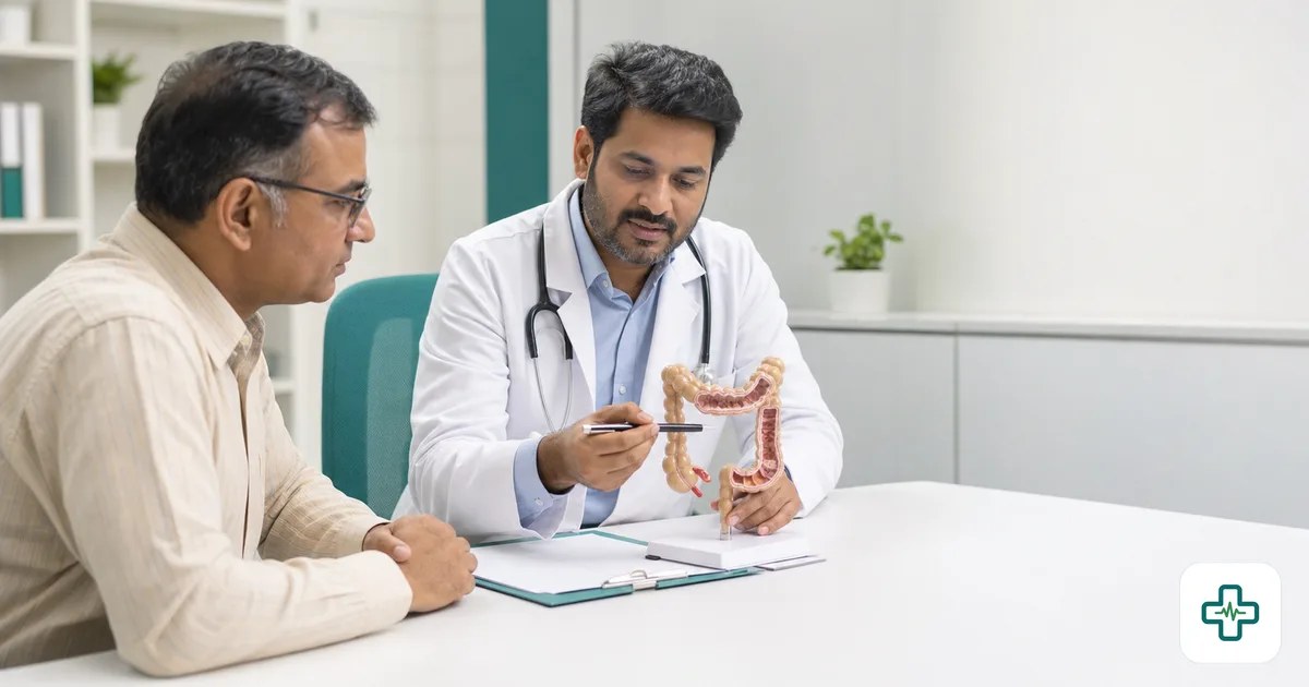 Photorealistic image of a doctor pointing to an anatomical model of the large intestine while explaining colon screening to a middle-aged patient