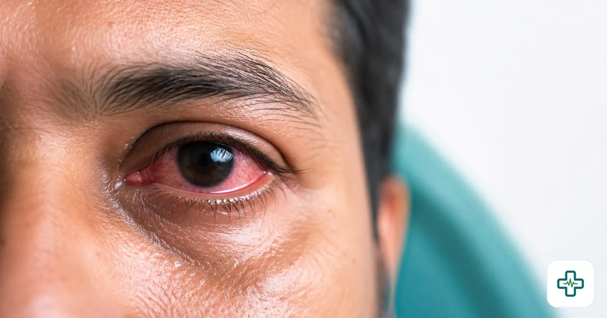 A photorealistic close-up of a person's red, irritated eye with visible watering and pink inflammation of the white of the eye, in soft natural light