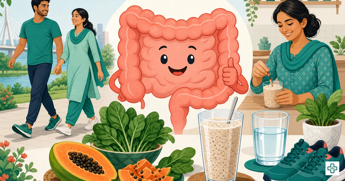 Illustration of fibre-rich vegetables, water glass and healthy digestion for constipation relief