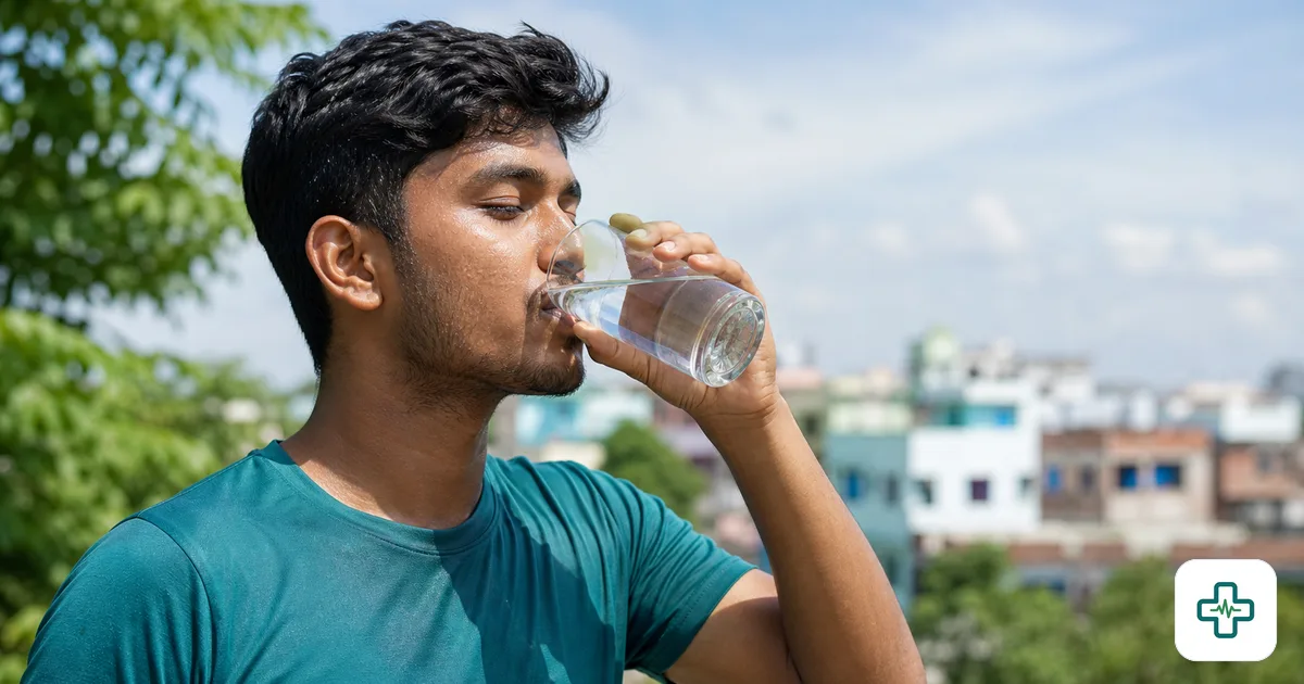 A young man in Bangladesh drinking a clear glass of water under bright summer sunlight, with beads of sweat on his forehead