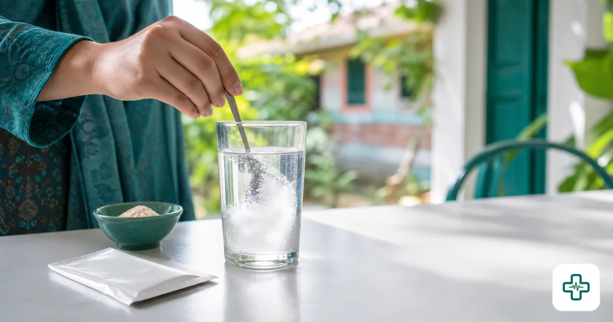 A glass of oral rehydration solution being mixed with water beside an ORS packet on a table under bright summer light in Bangladesh