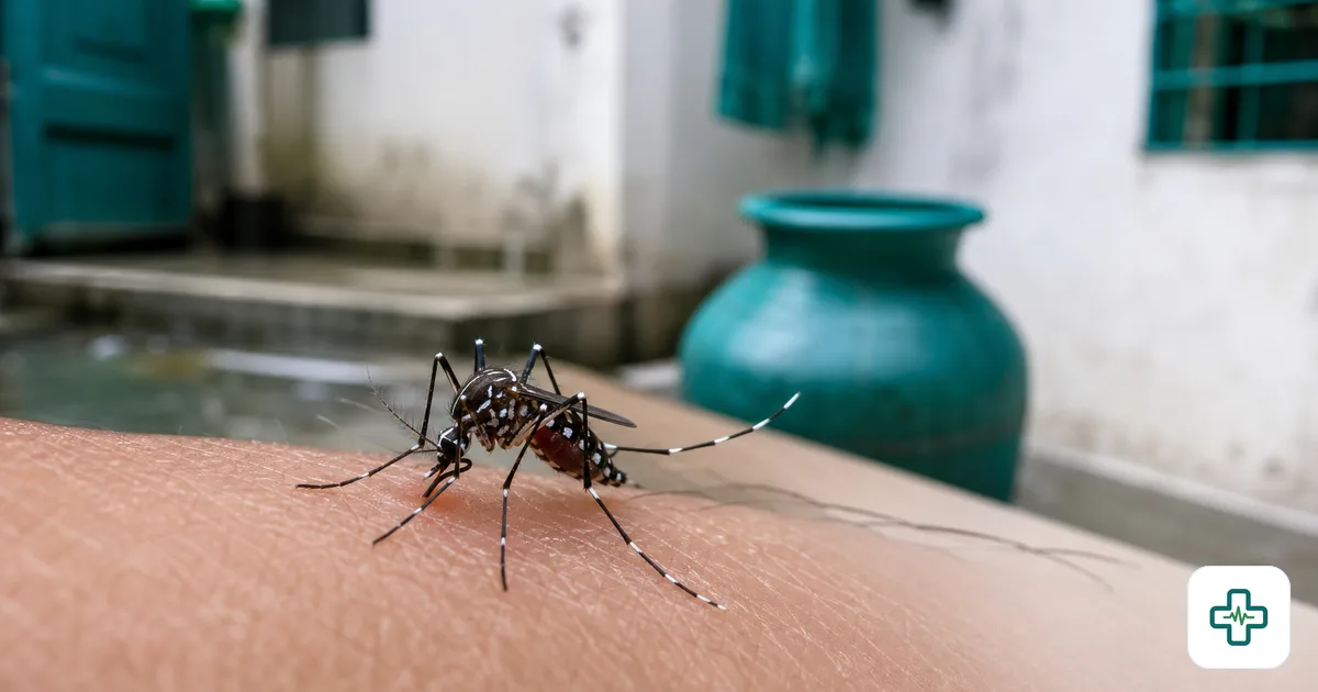 A photorealistic close-up of an Aedes mosquito with black and white striped legs resting on human skin, with a softly blurred Bangladeshi home and water container in the background