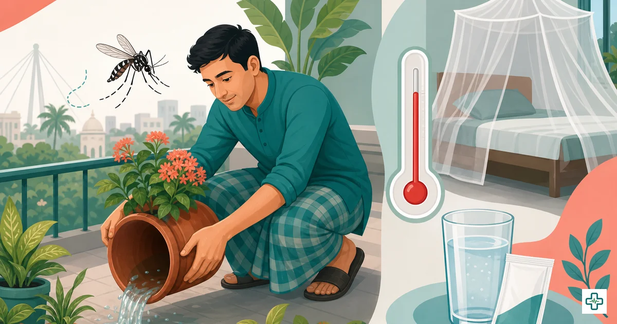 Illustration of dengue prevention showing Aedes mosquito, fever thermometer and mosquito net